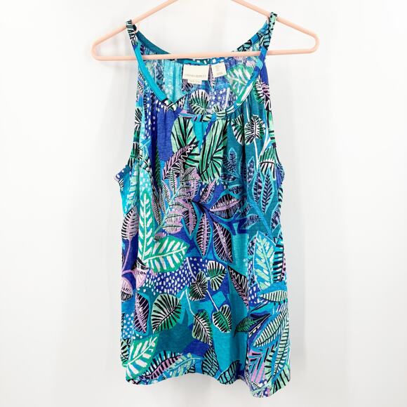 Cynthia Rowley Tank Top Size Large 100% Linen Tropical Leaf Print Summer Halter - Picture 1 of 9